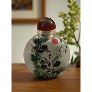 Vtg Chinese Blown Glass, Reverse Painted Cranes Dogwood Flowers Snuff Bottle/Lid
